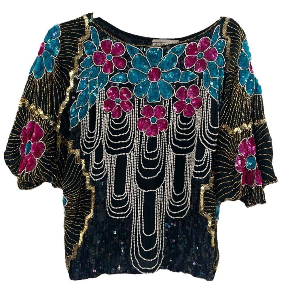 1980s Vintage Chanson D’Amour Sequined Beaded Top Silk Black Floral size Small